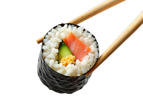 Chopsticks holding a sushi roll isolated on transparent background. Fresh Japanese cuisine close-up for restaurant menus, food blogs, and healthy eating promotions.