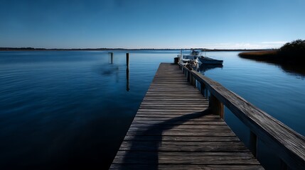 Obraz premium 静かな水面に伸びる木製の桟橋と係留されたボート