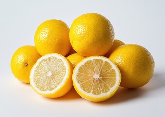 Fresh, juicy lemons arranged on a white background with one lemon sliced in half revealing its tart and bright yellow inside, perfect for culinary uses
