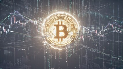 Bitcoin, a symbol of digital money and decentralized finance, overlaid on futuristic cyber-technology network background.