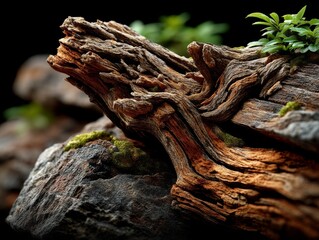 Obraz premium Weathered Driftwood Intertwined with Mossy Rocks in a Serene Riverbank Landscape Nature Photography Close-up View
