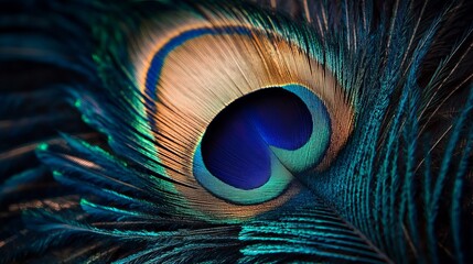 Obraz premium Closeup vibrant peacock feather detailed texture image blue green gold bird macro photo nature bright