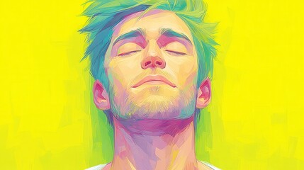 A vibrant portrait of a young man with colorful hair, embodying tranquility and introspection against a bright yellow background, radiating positive energy and calmness.