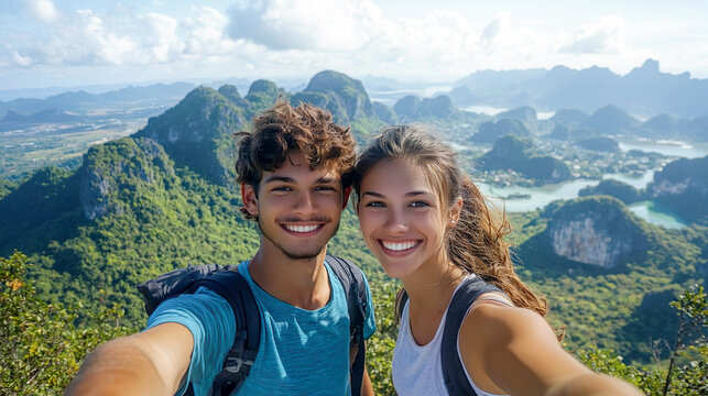 山頂で笑顔で自撮りをする若い男女のカップル