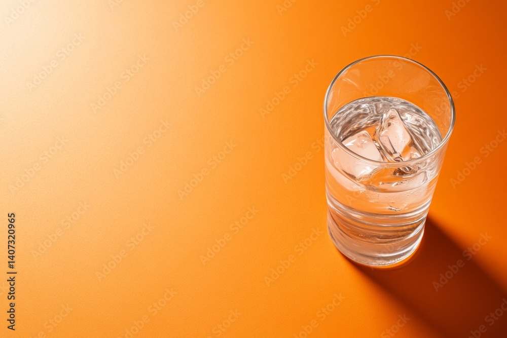 Fototapete a refreshing glass of water with ice cubes rests on a bright orange surface, casting striking shadow
