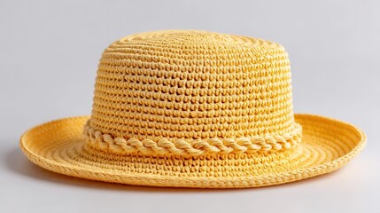 A vibrant yellow crocheted hat showcasing intricate patterns and stylish design, perfect for summer outings or beach days.