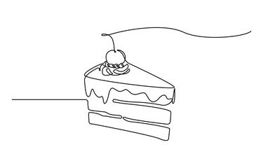 Continuous one line drawing of sliced cake - food and beverage concept. Cheese cake with strawberry and cherries in single line draw illustration, on white background.