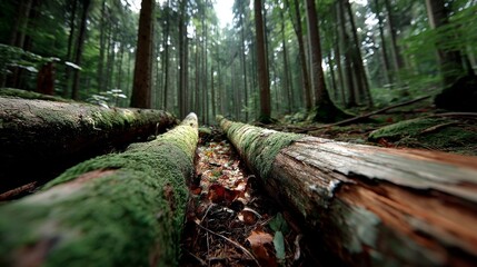 Fototapeta premium Mossy Logs in a Deep Forest Nature Photography Tranquil Environment Ground Level View Serenity and Wilderness