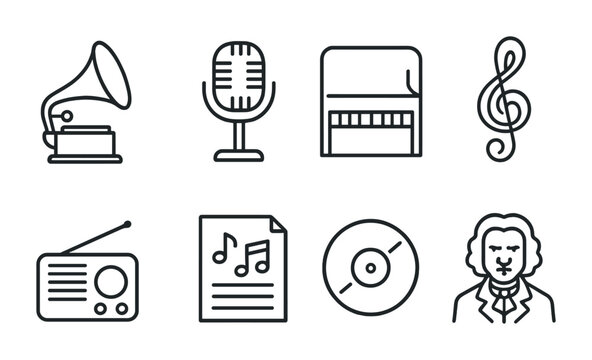 outline vector icons of music streaming: playlist icon, album cover, streaming signal, download button, queue list, liked song, artist profile, play history. No text. The icons should be clean.
