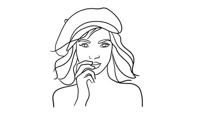Young, beautiful french girl, continious line drawing. Teenager, student. Vector illustration