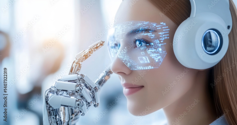 Leinwandbilder a robot with a synthetic hand interacts with augmented reality glasses, showcasing advanced consciou