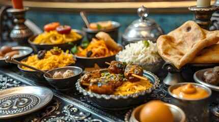 Fototapeta premium A dynamic, high-contrast, low-key photograph of a Traditional Eid ul-Adha feast in motion, featuring biryani, kebabs, naan, and sweets. The image uses blurred lines, action poses, deep shadows,