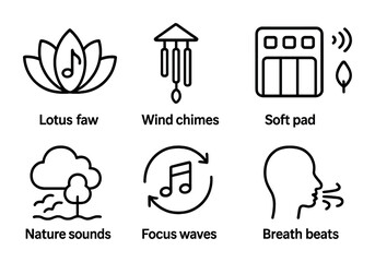 Fototapeta premium outline vector icons of background music: ambient sound, chill playlist, smooth jazz, instrumental note, no lyrics icon, focus sound, loop track, soft tempo. No text. The icons should be clean.