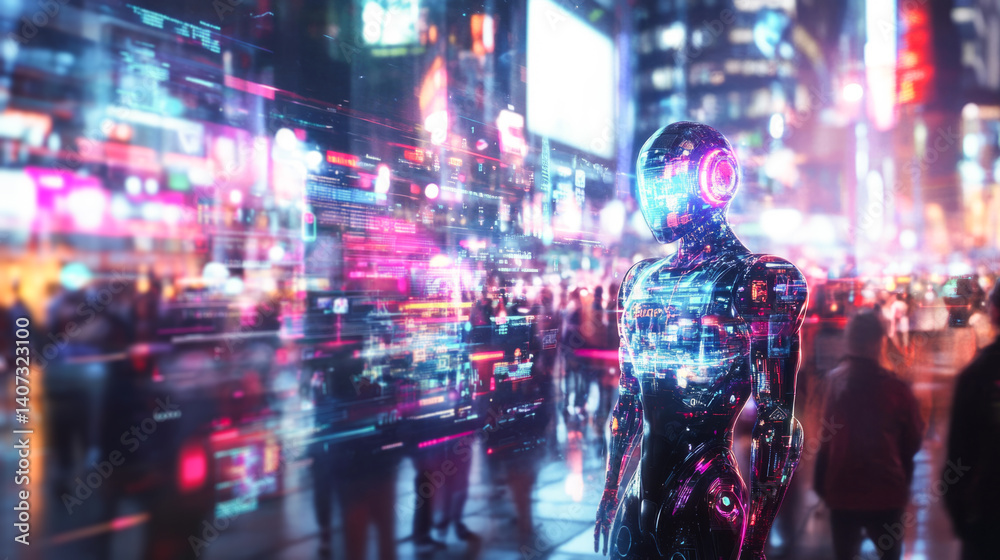 Poster A synthetic robot stands amidst a bustling urban landscape filled with colorful lights and digital displays. The robot examines the intersection of humanity and artificial consciousness in real time.