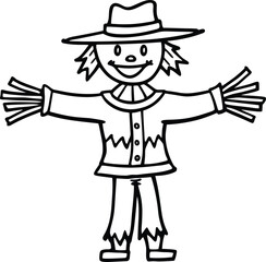 Happy Scarecrow Line Art Vector - Cute Autumn Farm Character Illustration