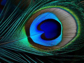 Obraz premium Peacock feather showing iridescent shades from teal to royal blue with brilliant quality