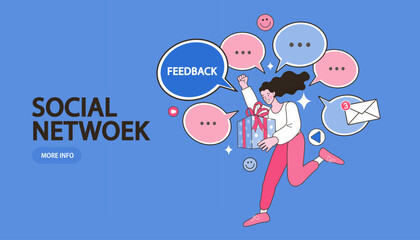 Social media giveaway and customer feedback concept. A happy woman wins a prize in an online contest, celebrating with a gift box and surrounded by comment bubbles, representing a marketing campaign.