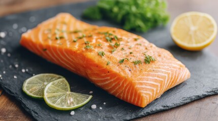 Freshly seasoned salmon fillet on a dark slate surface, beautifully garnished with lime slices and herbs, perfect for seafood lovers and culinary presentations.