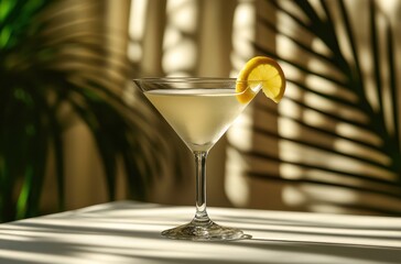 Refreshing and Elegant Lemon Martini Cocktail with Lemon Slice on a Table Set Against a Bright and Tropical Background with Soft Lighting and Shadows