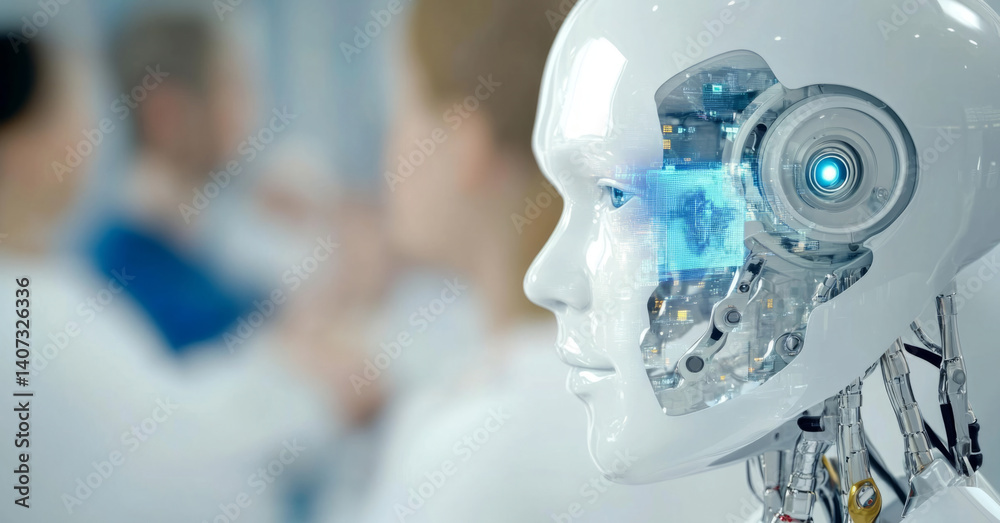 Poster A synthetic robot with advanced features stands in a high-tech lab, showcasing its blend of technology and consciousness. Researchers collaborate nearby, emphasizing human interaction with AI.