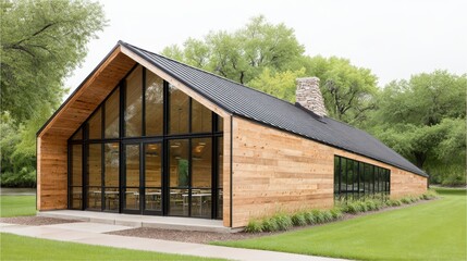 Modern wooden building featuring large glass windows