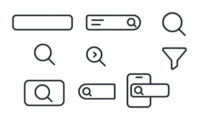 outline vector icons of search UX: minimal bar, clean input, search icon , placeholder text, quick animation, hover icon, mobile-friendly field, toggle filters. No text. The icons should be clean.