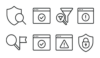 outline vector icons of internet safety settings: safe search, parental control, ad blocker, phishing alert, malware scan, secure connection, site blocking, tracking prevention. No text. The icons