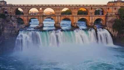 Ancient bridge illuminated against a backdrop of waterfall and cityscape at sunset.