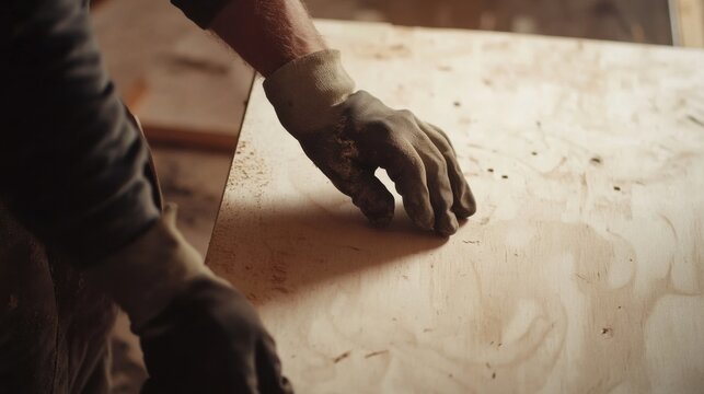 Construction laborer installing plywood sheeting on walls. Featuring craftsmanship and precision