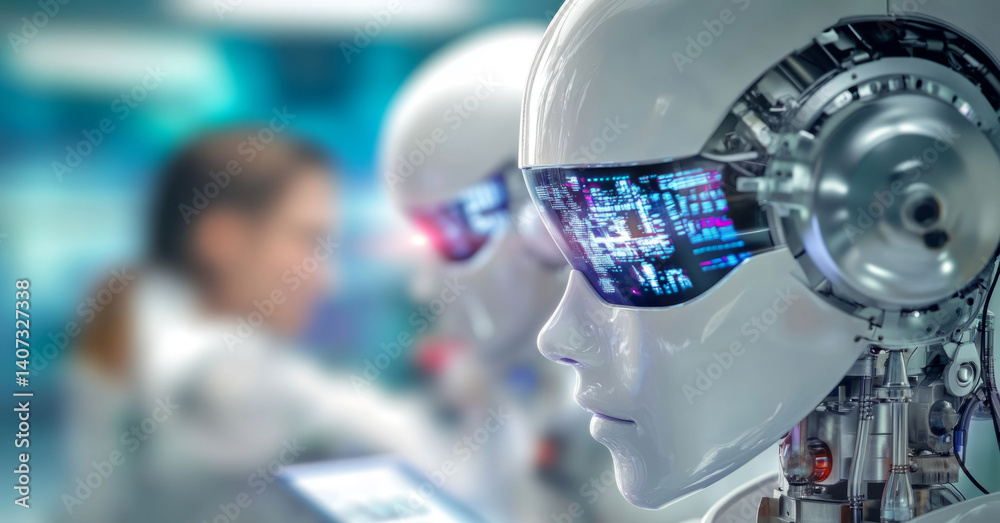 Poster Robotic figures equipped with advanced technology showcase their intricate designs in a laboratory.