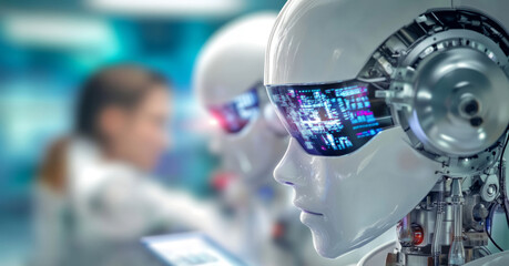 Robotic figures equipped with advanced technology showcase their intricate designs in a laboratory.