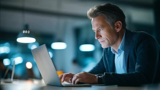 Professional analyzing RFP documents in a contemporary office setting.