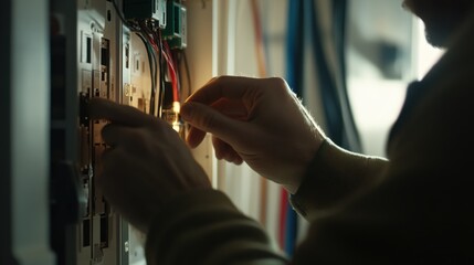 Naklejka premium Electrician repairing electrical panel in basement. Featuring expertise and precision