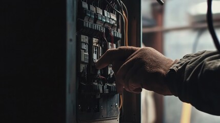 Electrician repairing electrical panel in garage. Featuring attention to detail and skill
