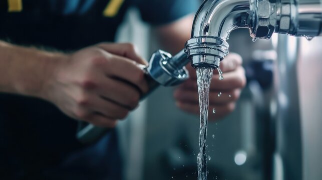 Plumber testing water flow in a newly installed pipe. Featuring pipe testing and plumbing inspection