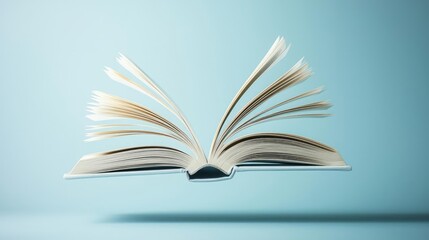 Books floating in the air within a flying and cognition concept. An open book with pages in motion against a serene backdrop.