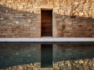 Fototapeta premium Plunge pools reflecting cool light with contrasting temperatures and stone walls shimmering