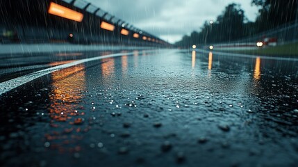 Wet racing track under rain.  Close-up view of raindrops on asphalt