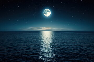 Full moon over dark ocean water with starry sky reflecting on surface.