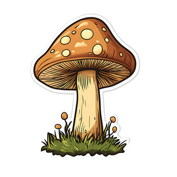 Cartoonish mushroom with orange cap and brown stem, nestled in grass.