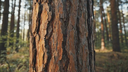 Fototapeta premium Close-up view of tree bark with intricate pattern and rough texture, in a forest setting.