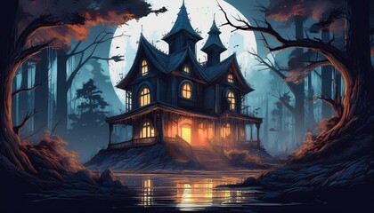 Eerie Haunted House Hidden Amongst the Desolate Forests Gloom, a Stark Contrast of Darkness and Decay Amidst Natures Fading Beauty