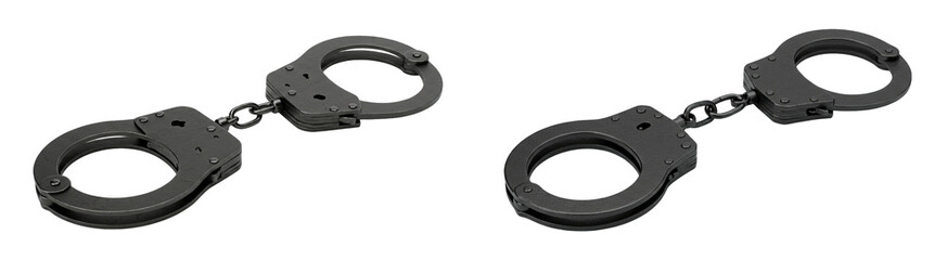 Obraz premium A Pair of Black Handcuffs on a Dark Background Symbolizing Law Enforcement and Detention Equipment, Representing Justice and Restraint