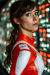 Pensive Gaze of the Explorer: A captivating young woman, dressed in a futuristic orange and white uniform, gazes intently, exuding an air of intrigue and determination in a science fiction setting. 