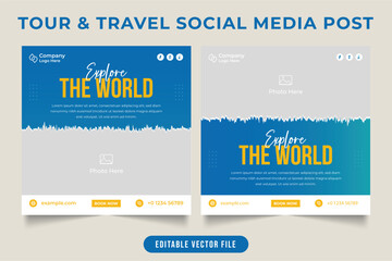 Traveling agency social media post template design. Travel the World promotional web banner with blue and yellow colors. Touring agency business poster and flyer vector with a photo placeholder.