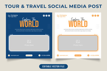Travel agency promotion social media post template with dark blue and orange colors. Tour and Travel business sale web banner or poster with a photo placeholder. Summer holiday tour discount flyer.