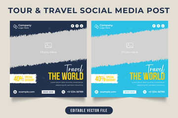 Summer holiday and tourism business marketing poster with photo placeholder. Travel and Adventure social media post vector. Travel promotional web banner template with dark Blue and sky blue colors.