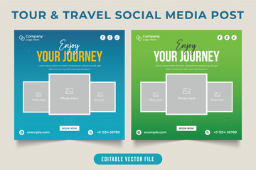 Traveling agency social media post with photo placeholder. Tour and travel web banner template for business promotion. Holiday tour planner advertisement poster design with green and blue colors.