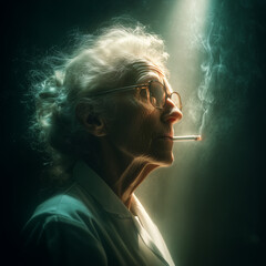 Fototapeta premium Senior Female Scientist Smoking in Lab Coat on Dark Background