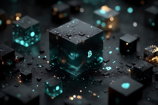 Cubo negro con el s&iacute;mbolo de Bitcoin brillante, rodeado de otros cubos en un fondo oscuro y abstracto.
